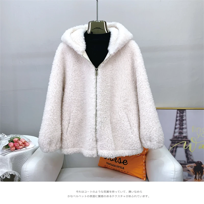 

JT3152 Women Girls Real Wool Fur Causal Winter Coats Female Sheep Shearling Warm Hooded Jacket Overcoat