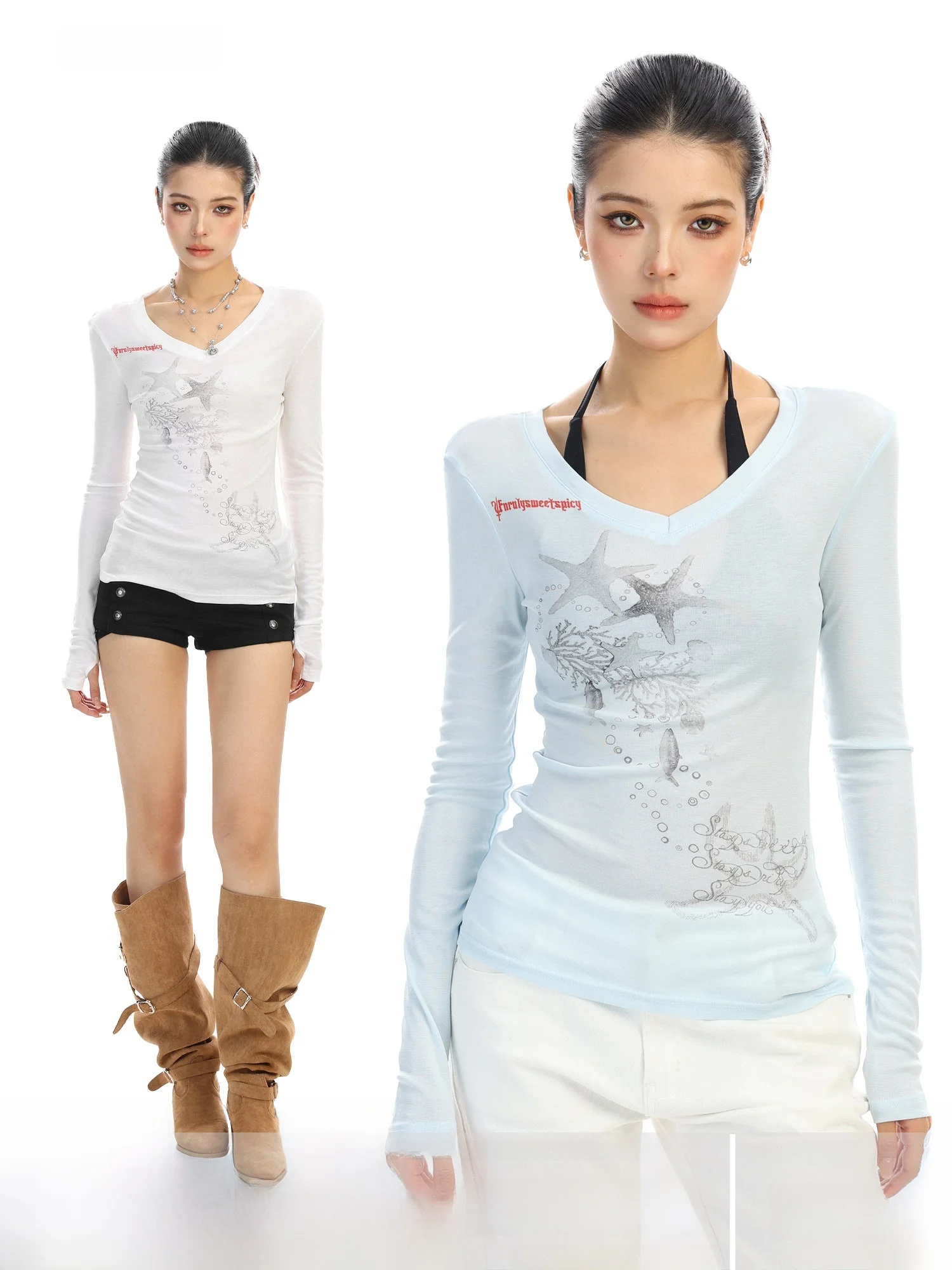 

Весенняя женская футболка с V-образным вырезом и длинным рукавом, приталенная, с принтом звезд, повседневная, модная, дышащая, приятная к телу, в китайском стиле