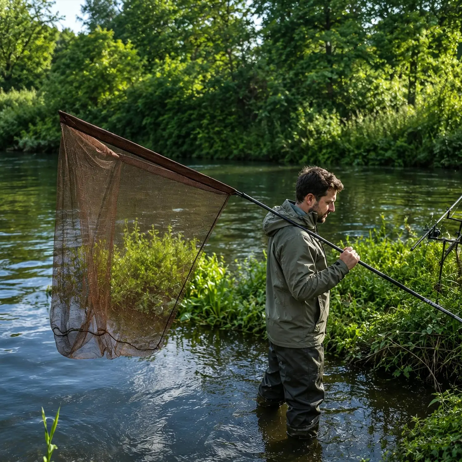 SOUGAYILANG Großes schwimmendes Karpfen-Angelkeschernetz, gummibeschichtetes Netz, Kohlefasergriff, schnell abnehmbares Netz mit 4 Schwimmern – Detail 23