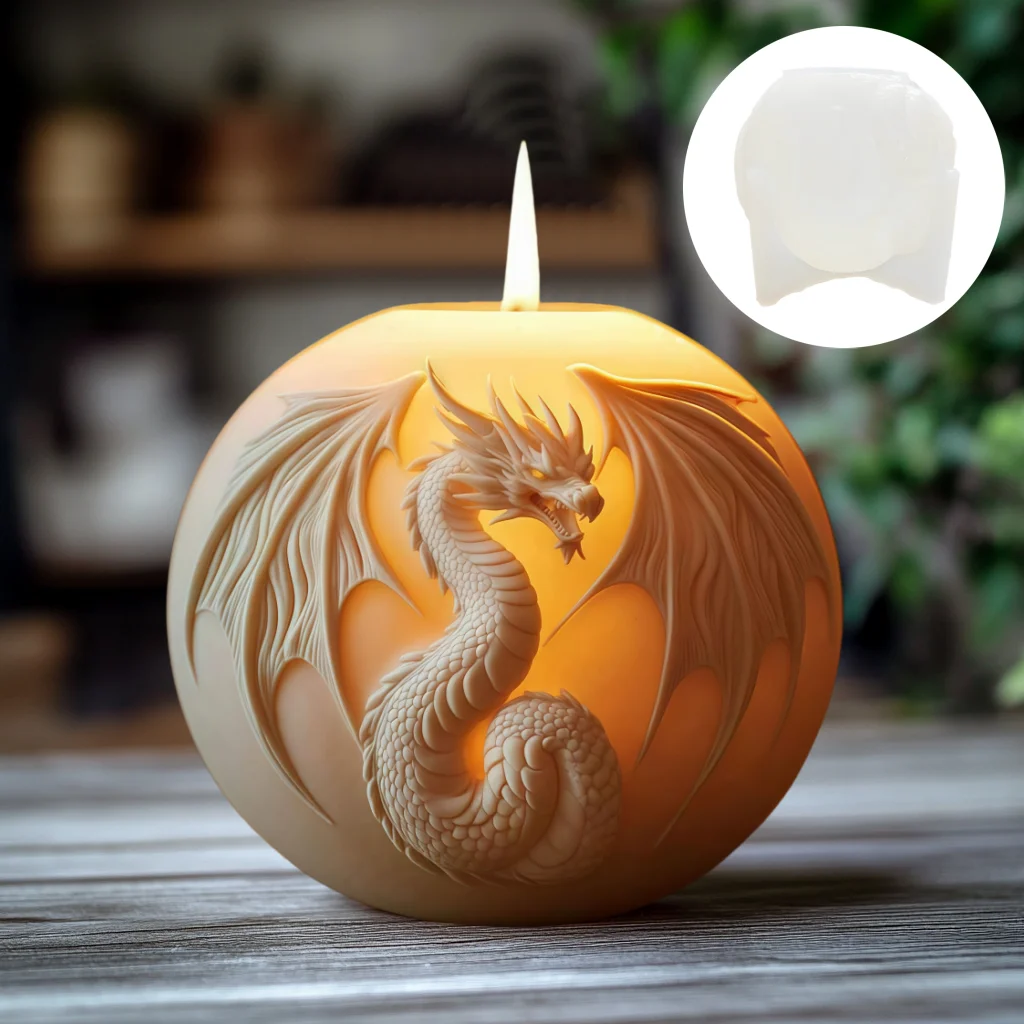 Fire breathing Dragon Relief Round Sphere Candle Silicone Mold Flying Dragon Wing Dragon Relief Sphere Resin Gypsum Molds view 5