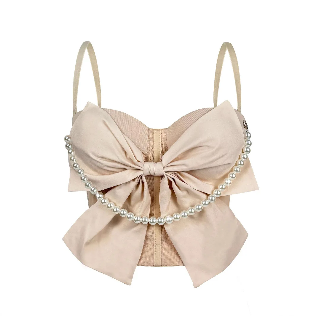 

2025 New Summer Sexy Pearl Bow Corset Bra for Women, Bustier T-Shirt Bra, Fishbone Lace Camisole Body Shaper See Through Bra