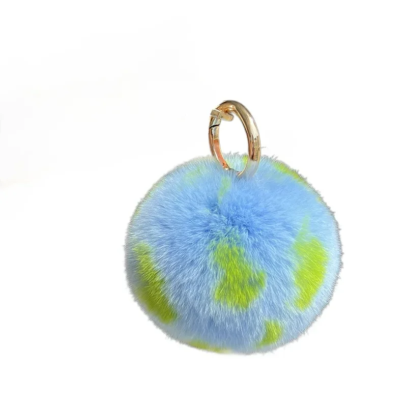 Cute Little Earth True Rex Rabbit Hairball Car Keychain Pendant Personalized Blue Pom-pom Book Bag Pendant Gift Cute Keychain