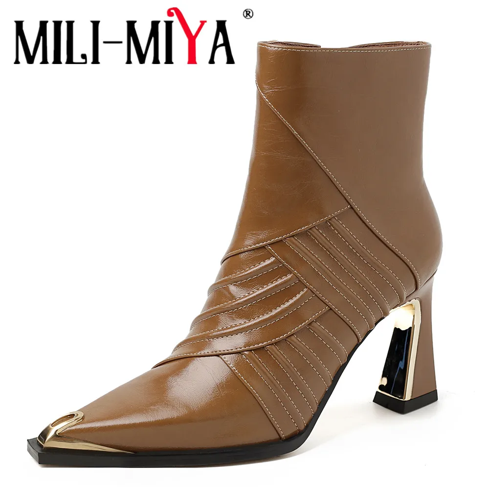 MILI-MIYA Ladies' Vintage-Style Brushed Cow Leather Ankle Boots Round Toe Slip-Resistant Chunky Heel Casual Boots Handmade