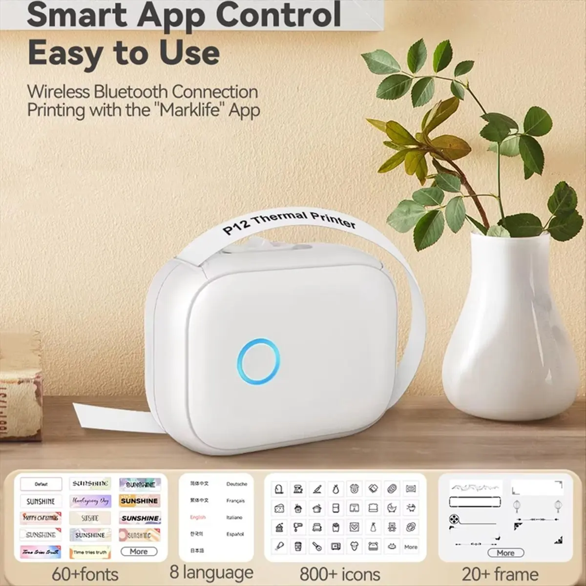 Portable Label Maker P12 Wireless Bluetooth Continuous Label Printer Label Maker Machine for Storage Office Home,A
