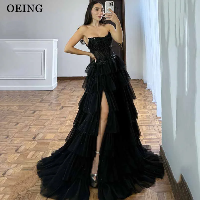 

OEING Classic A-Line Prom Dress Boat Neck Sleeveless Tiered Side Slit Party Gowns Floor Length Evening Dress Customized