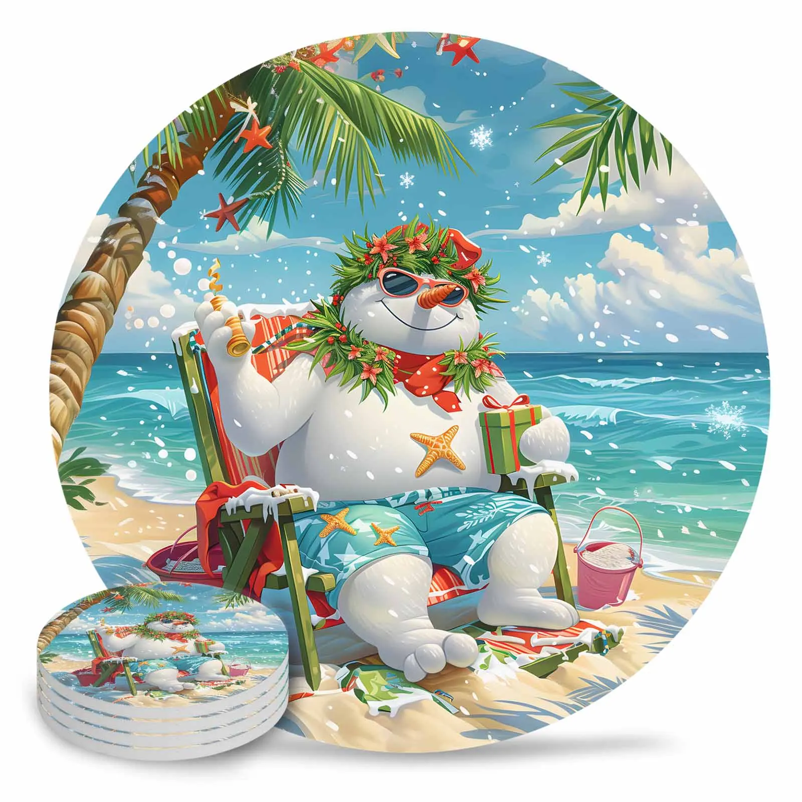 Christmas Snowman Hawaii Vacation Gift Round Coaster Coffee Table Mats Kitchen Accessories Absorbent Ceramic Coasters