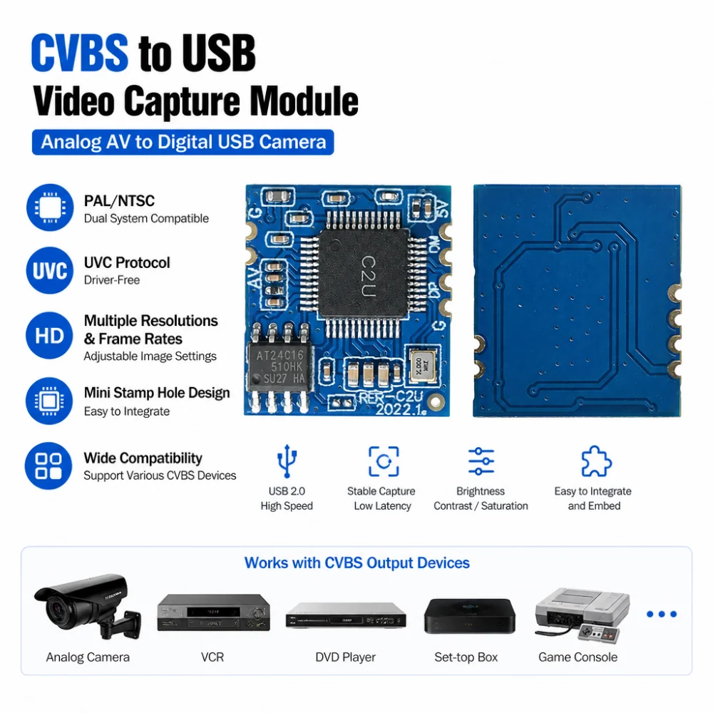 CVBS-to-USB Video Capture Module, Analog AV Video-to-Digital USB Webcam Module, UVC Driver-Free Conversion Module