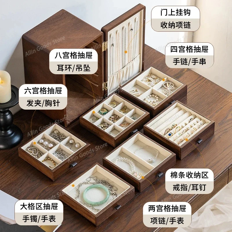 Solid Walnut Wood Vintage Jewelry Box Multi Layer Earrings Necklace Organizer Handmade Luxury Storage Case For Jewelry Chest