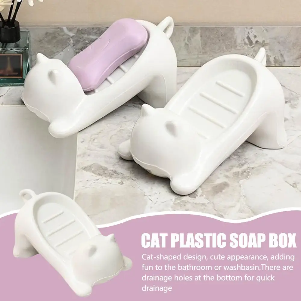 Cute Cartoon Cat Soap Dish with Drainage Plastic Holder for Bathroom Ideal for Soap and Sponges Storage Soap Holde Decorative