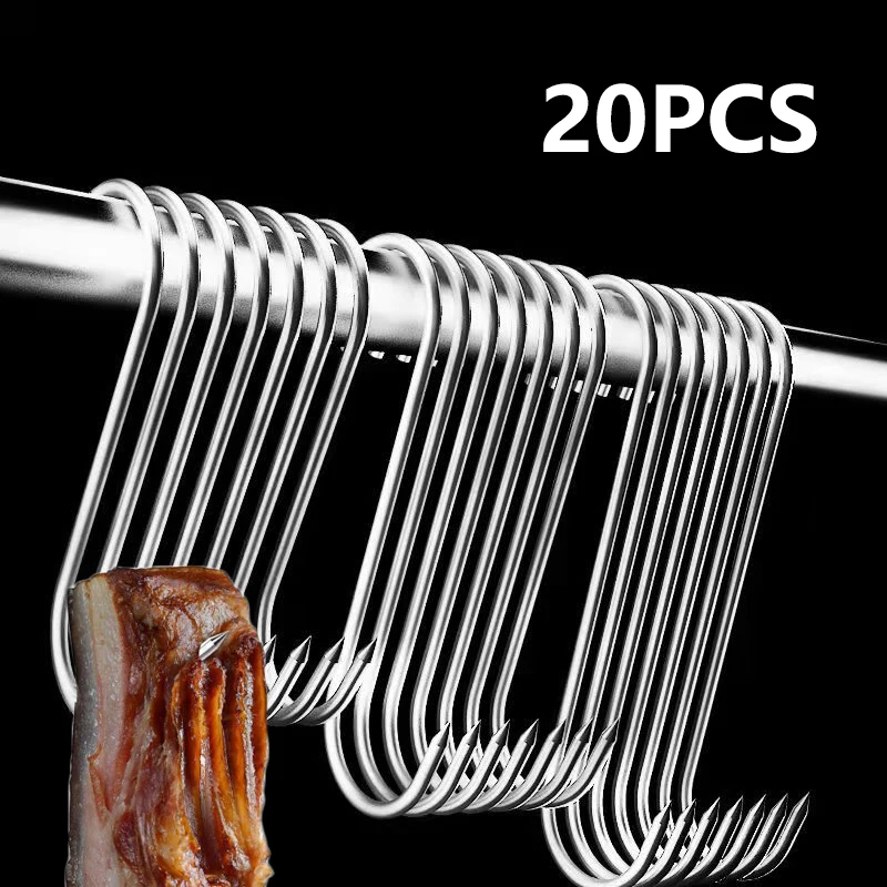 20PCS Stainless Steel S-shaped Hook Tool Butcher's Meat For Smoking Butchering Hunting Chicken BBQ Pork Sausage Bacon Grill Hook