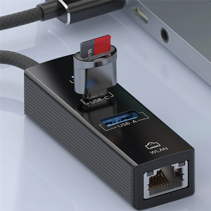 ABJF-Converter 3In1 Withled Light USB-A ملحقات المكتب للهاتف المحمول والكمبيوتر اللوحي والكمبيوتر المحمول باللون الأسود