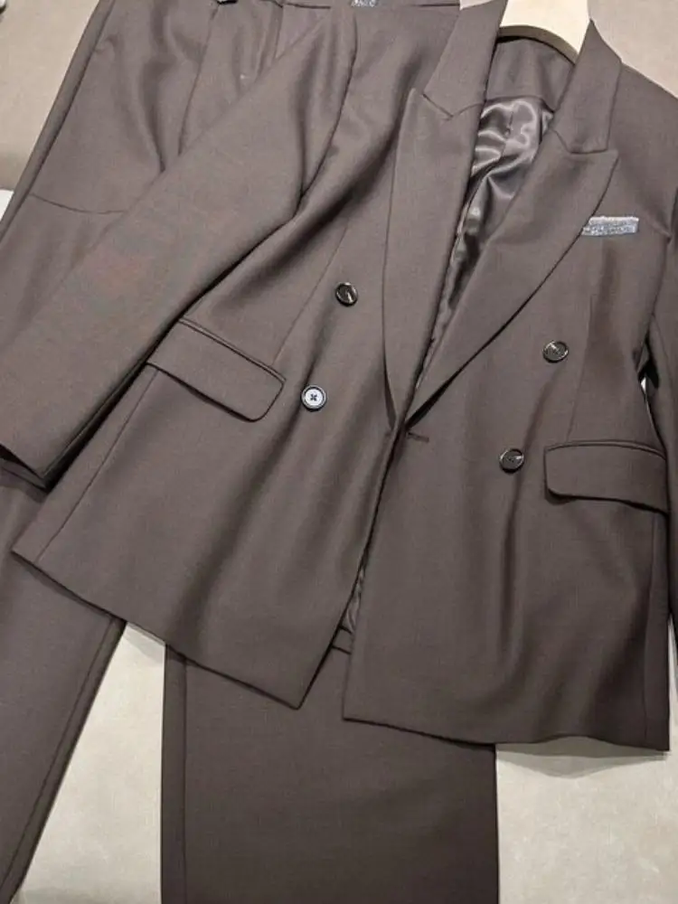 Women Wool Blended Double Breasted Lapel Dark Brown Autumn Winter Commute Suit Two-piece Set