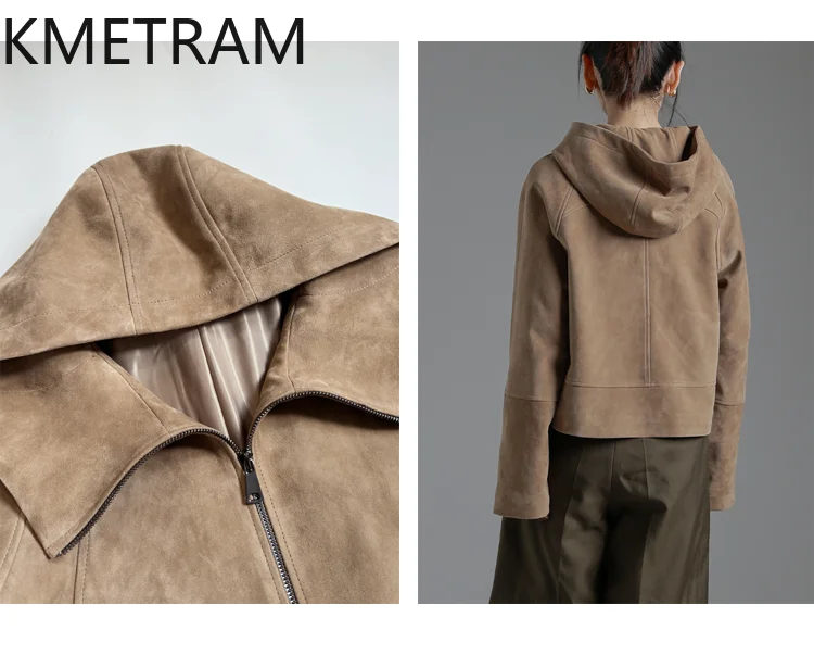 KMETRAM Cappotti in pelle scamosciata inversa in pelle di pecora naturale al 100% con giacca corta casual in vera pelle da donna con cappuccio 2025 Autunno пьто