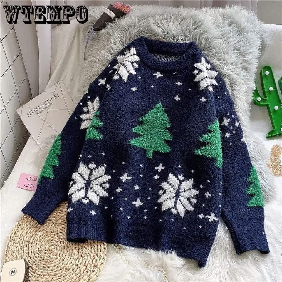 WTEMPO Autumn Winter Christmas Knitted Spliced Vintage Sweaters Korean Loose Round Neck Fashion Long Sleeve Pullover Jumpers