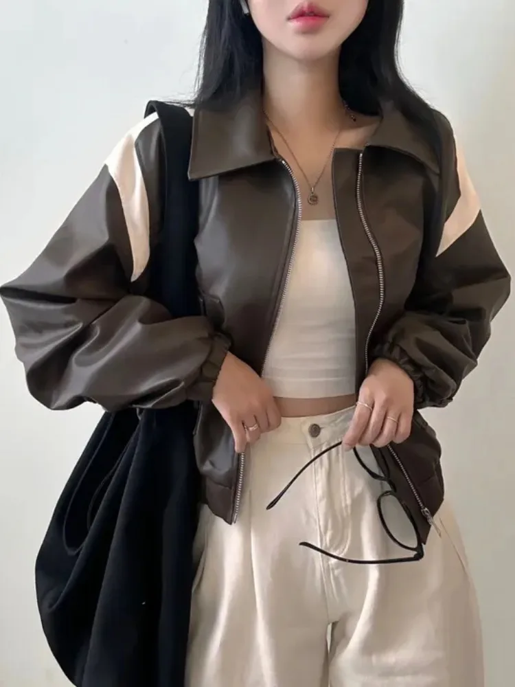 Chic Autumnal Zipper  Neck Short Leather Jacket Motorcycle Style Long Sleeve Color Block Collision Fashion Women's Coat