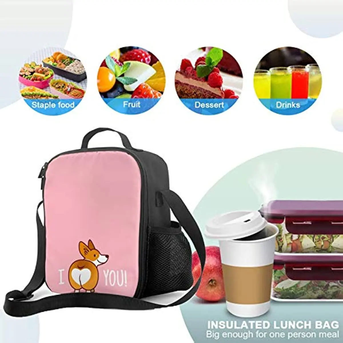 Corgi Lunch Box Insulated Lunch Box for Kids Funny I LOVE YOU Design with Side Pocket Shoulder Strap Lunch Bag for School Work