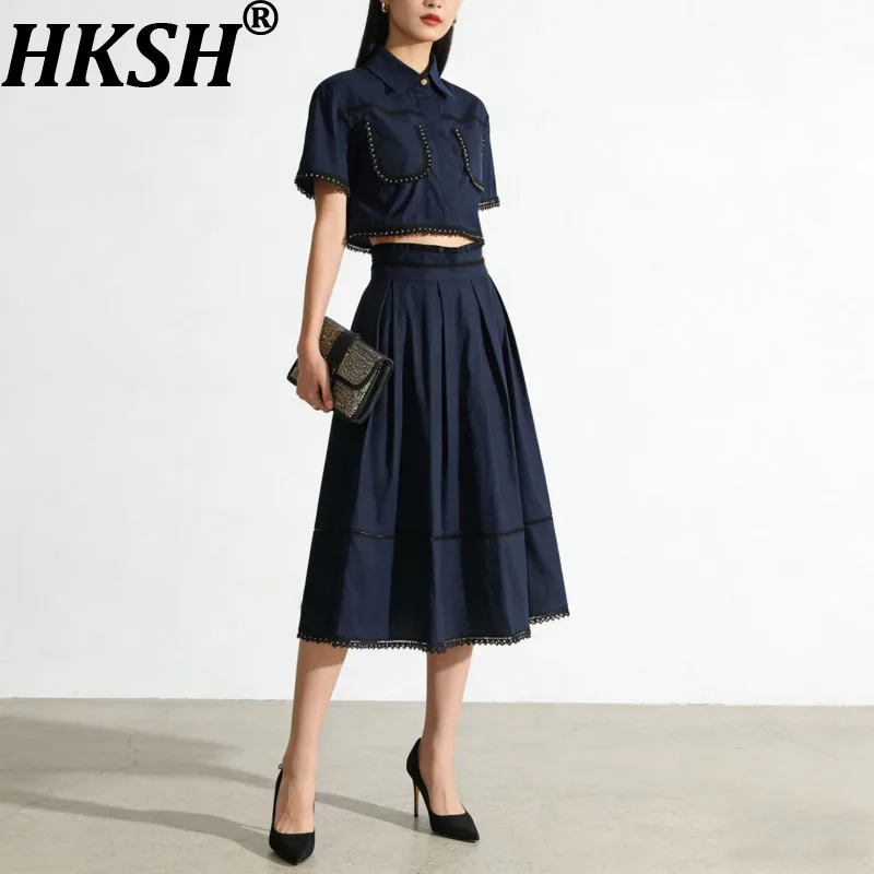 

HKSH Women High Street Two-Piece Set Turn-down Collar Short Sleeve Pockets Shirt Elegant A-line Pleated Skirt New Summer HK10055