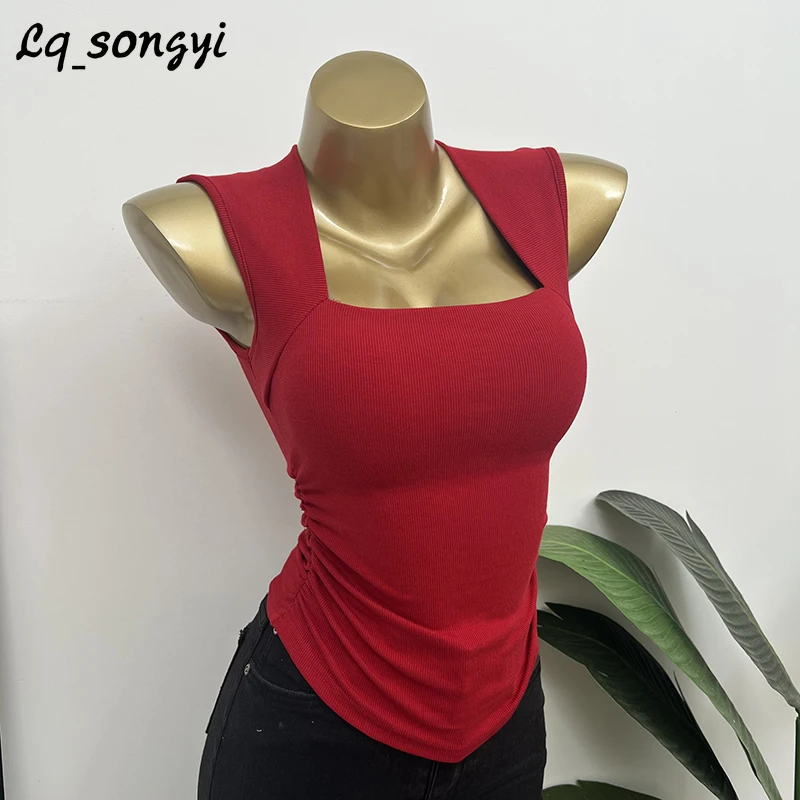 

Lq_songyi with Chest Pads ! Square Neck Tank Tops Women Wide Shoulder Strap Tops Korean Solid Basic Camisole Slim Sleeveless Top