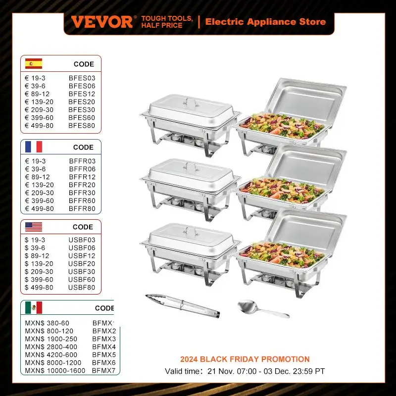 VEVOR 2/4/6-teiliges Chafing Dish Profi Set Wärmebehälter Edelstahl Buffet Set Rechteckig 6 x 7,5 L, Speisewärmer 53 x 32,5 x 6,5 cm Jeder Behälter, für Buffets, Familienfeiern, Bankette, Hochzeiten usw.