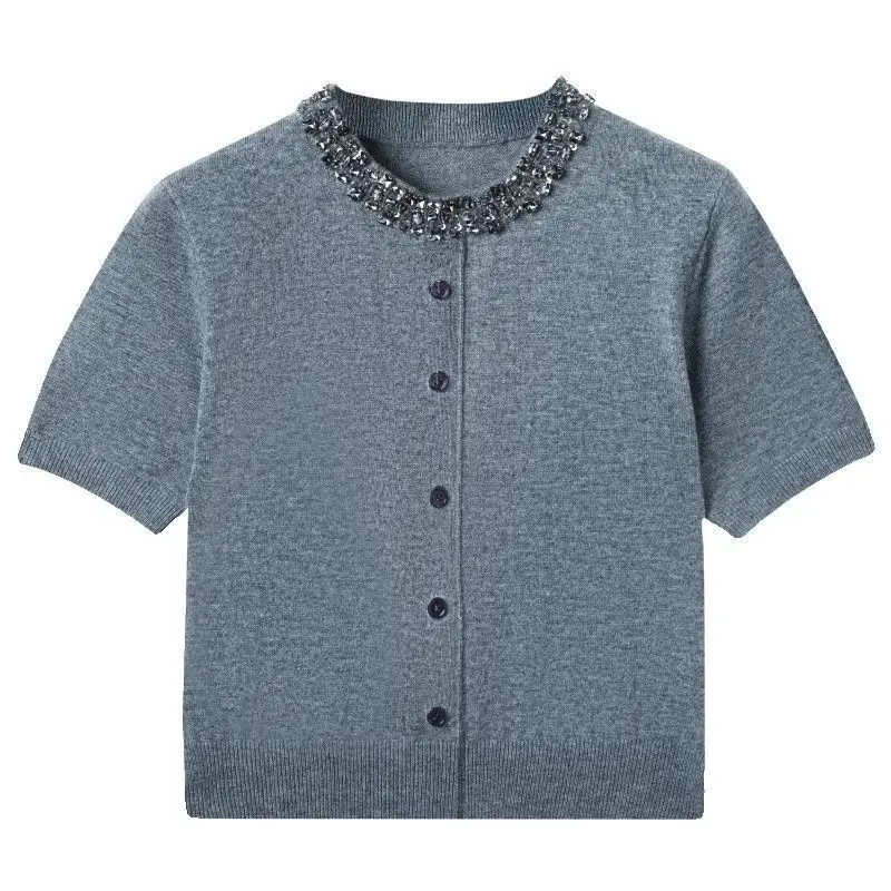diamond round neck knitted cardigan women's gray thin short-sleeved T-shirt summer ice silk foreign style shirt 2