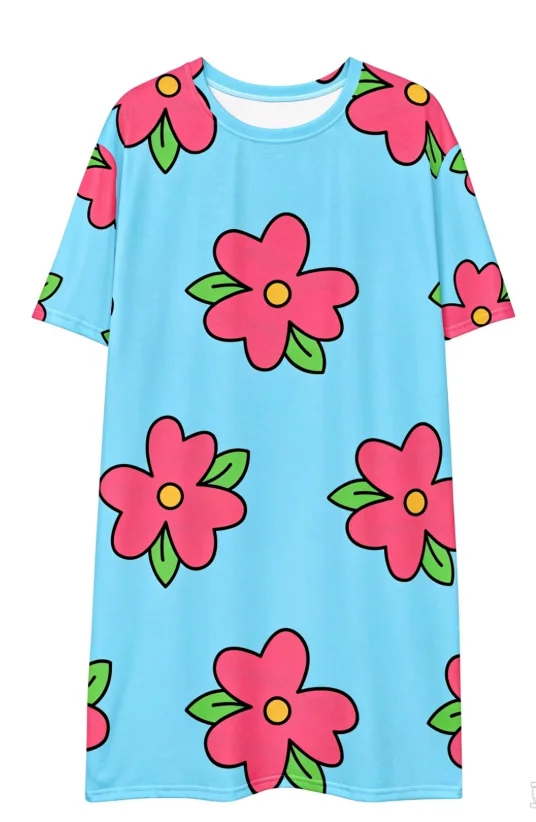 Unisex Couple Short Sleeve T-Shirt, Full 3D Cartoon Pink Floral Pattern Round Neck Loose Casual Summer Couple Tee for Men Women
