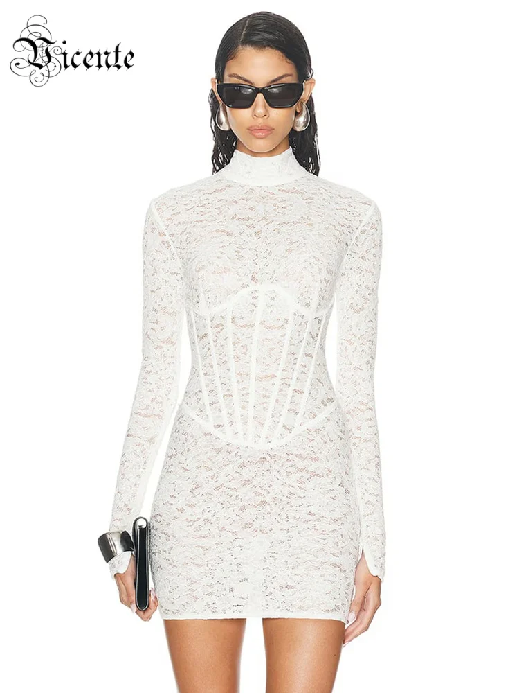 

VC Alluring White Lace High-Neck Long Sleeved Mini Dress with Corset Inspired Detailing for Summer Party Gown