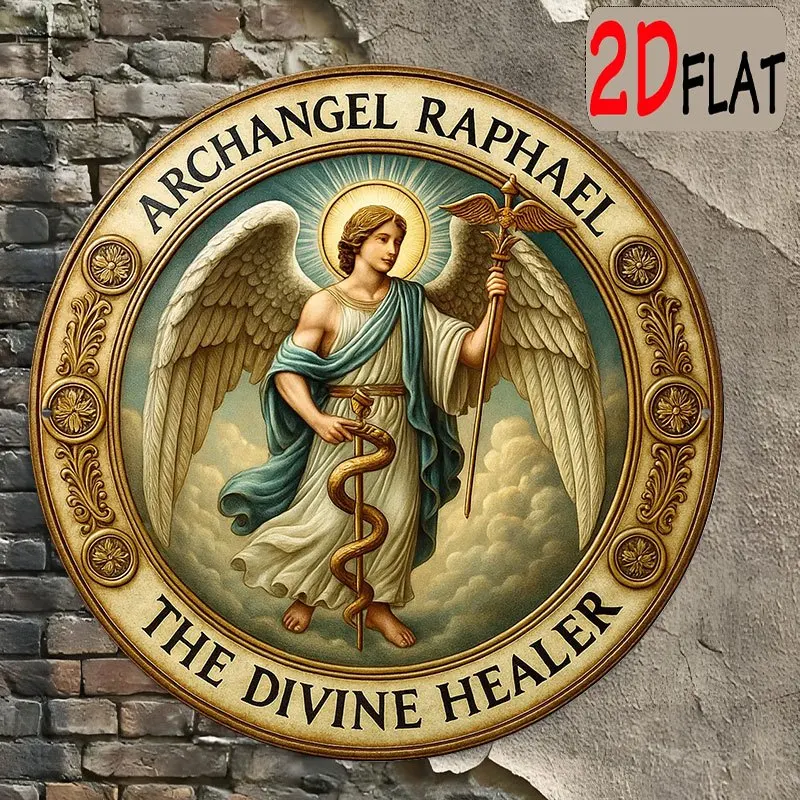 2026 Plaque murale en bois vintage ronde avec l'archange Raphaël, impression 2D rustique, décoration esthétique rétro spirituelle du Guérisseur Divin