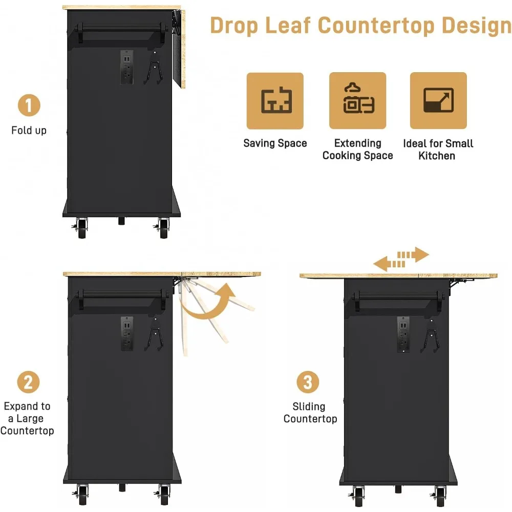 جزيرة مطبخ محمولة مقاس 63 بوصة مع أوراق شجر قابلة للسقوط وتخزين ومخرج طاقة على عجلات #4