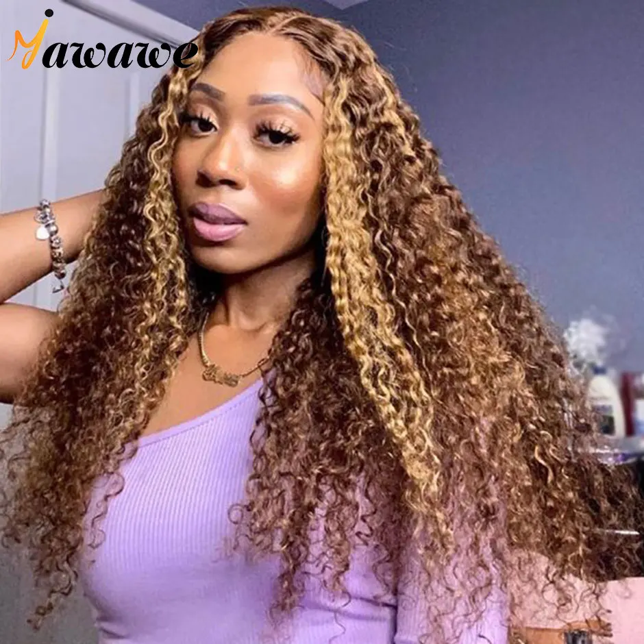 

Kinky Curly glueless wig human hair wigs Highlight Ombre Blonde Curly wigs HD glueless wig human hair ready to wear Yawawe hair