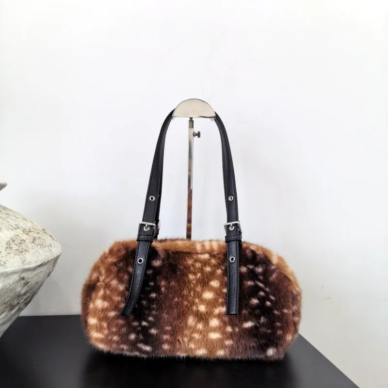 Winter Fashionable Leopard / Deer / Cow Print Women's Single Shoulder Underarm Bag Soft Fluffy Faux Fur Plush Boston Handbag