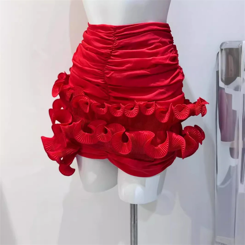 

Summer Three-Dimensional Flower Skirt Sexy Asymmetrical Ruffled High Waist Pleated Hip Skirt Black Red White Women's Clothing