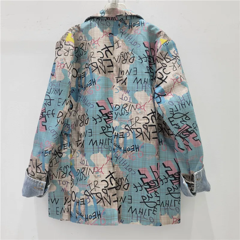 ANJY Spring Autumn New Women Tide Colorful Graffiti Letter Print Blazer Patchwork Denim Loose Casual Chic Plaid Suit-Coat A25886