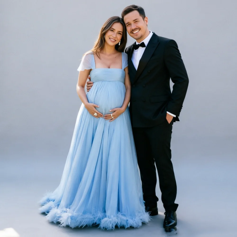 Eightale Maternity Evening Dresses for Wedding Party Pleats Chiffon Feather Customized A-Line Prom Gown for Pregnant Women