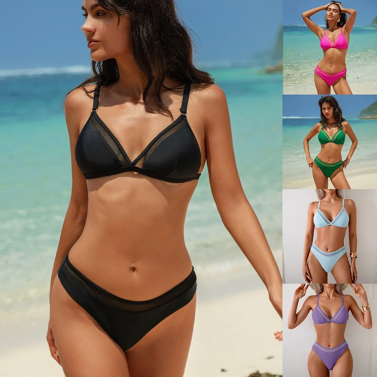Swimwear Women Bikini Triangle Top High Cut Bottom Bikinis Solid Black Two Piece Swimsuit Pink Bikini Set Woman Beachwear