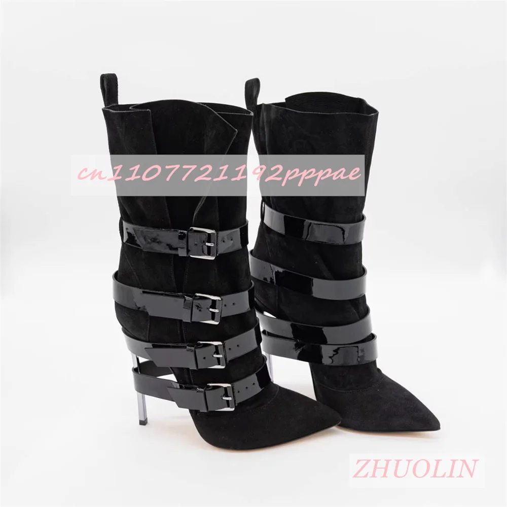 

Gray Suede Belt Buckle Design Mid-Calf Boots Women'S Pointed Metal Heel Side Zipper Ankle Boots Sexy Luxury Party Boots Autumn