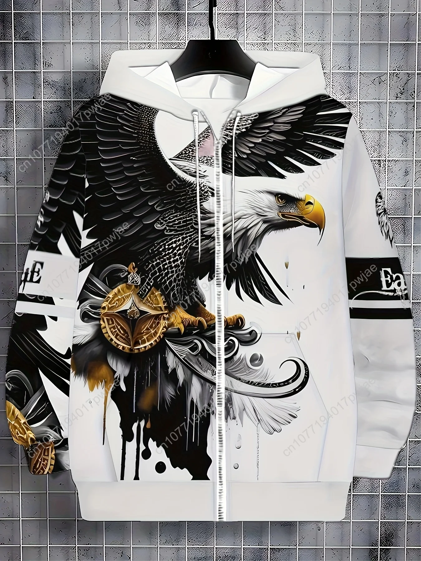 Moletom casual masculino com capuz com estampa Eagle & "Baseball", jaqueta de manga comprida com zíper e cordão e bolsos, preto e branco