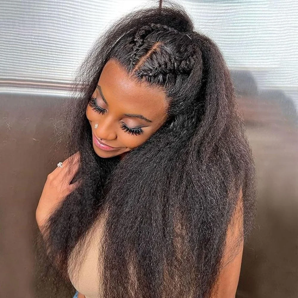 Verworrene gerade 5×5 leimlose Lace-Front-Perücken, Echthaar, natürlich, transparent, zum Anheben und Ausgehen, vorgezupft, 220 Dichte, Frontal-Perücke 1B