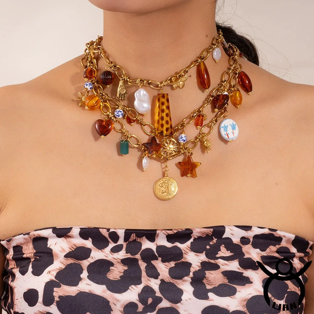 

2025 New Necklace Stainless Steel Leopard Polka Point Trendy Vintage Retro Multiple Pendant Choker Accessories Women Jewelry