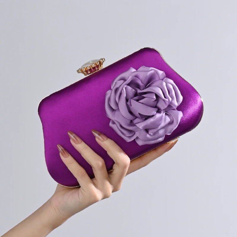 

Mature Silk Like Satin 3D Flower Handbag Women's Purple Evening Bags 8 Colors Elegant Mother's Wedding Party Purse with Handle