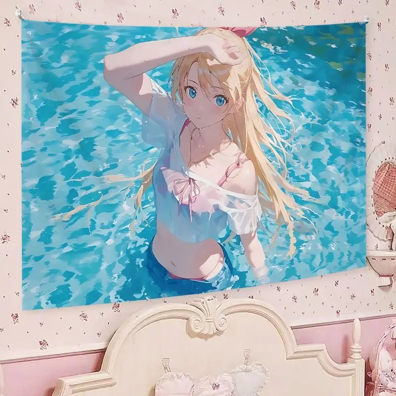 VIKAMA Cute Anime Maiden Makaron Tapestry, Soft Cartoon Wall Hanging, Pastel Aesthetic Decor for Bedroom Dormitory Home