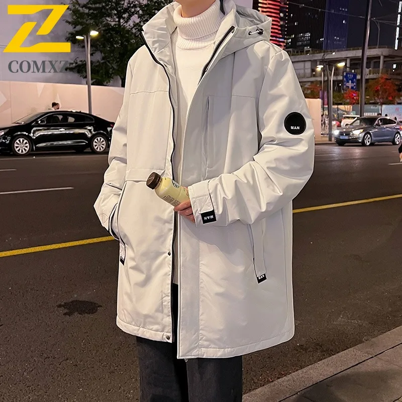 

COMXZ Мужское парковое пальто 2025 с капюшоном, классическая теплая лыжная уличная свободная ветрозащитная дорожная куртка-пуховик, зимние куртки высокого качества