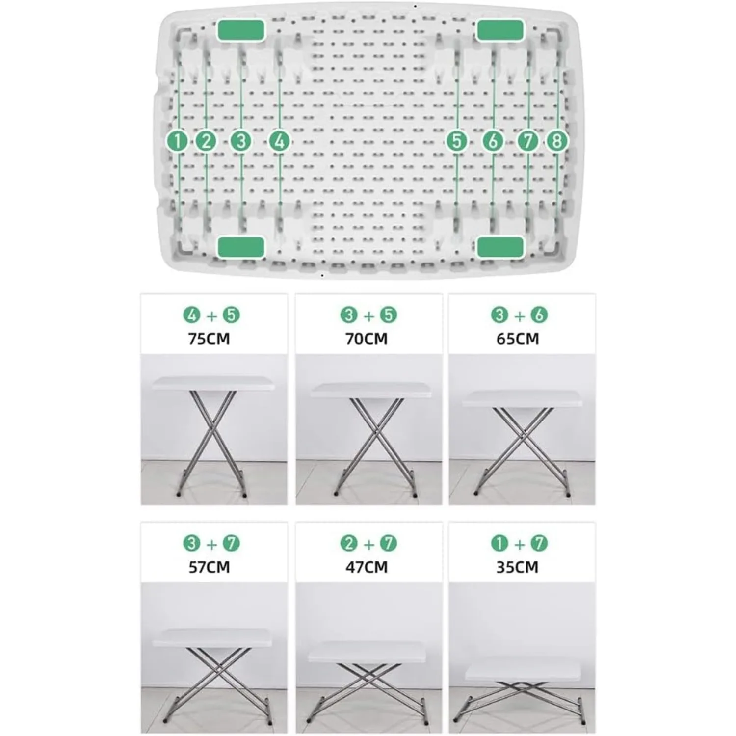 Plastic Adjustable Height Folding Table - No Assembly, White - for Picnic/Party/Travel/Home