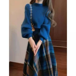Salt Series Knitted Plaid  Skirt And Sweater Set for Women Autumn Anti-Aging Meat Concealing French Style Two-Piece Set