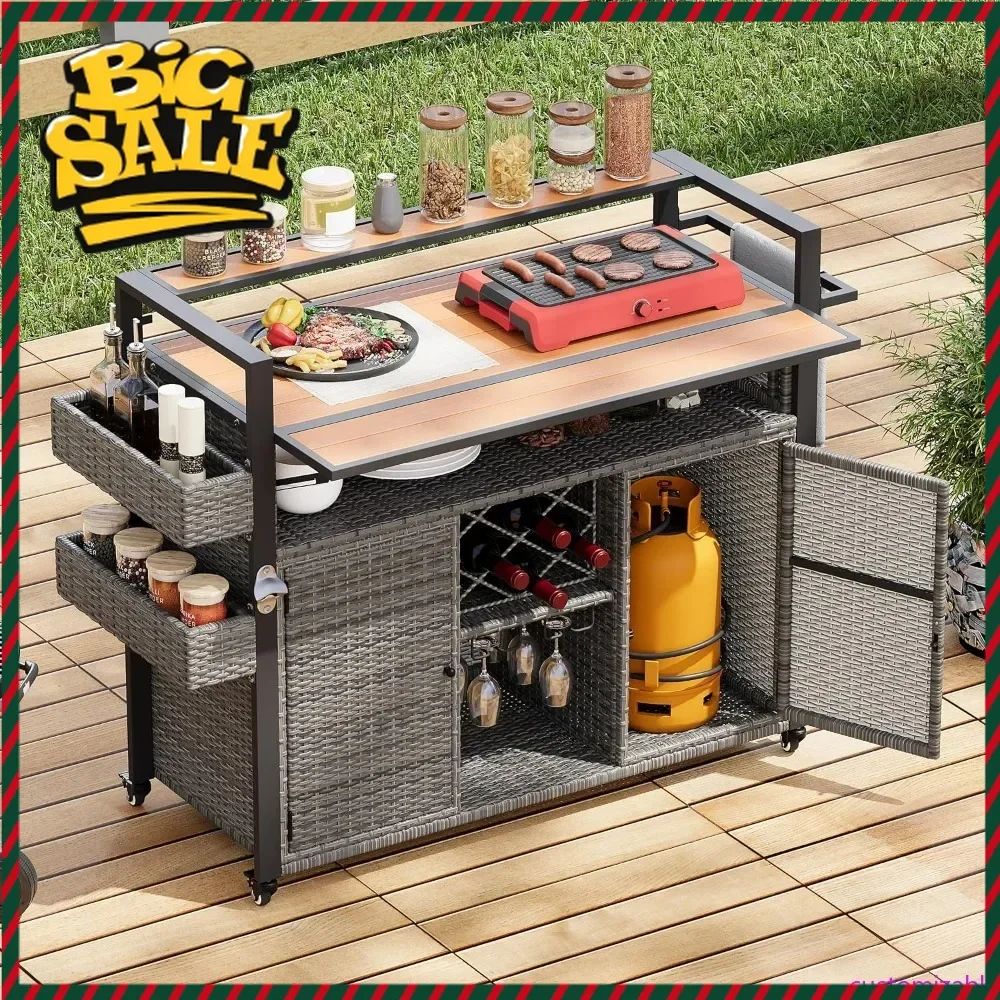 

Горячая распродажа: Уличная тележка-гриль из ротанга с раскладным пластиковым столом под дерево и передвижным кухонным шкафом для хранения, ширина 52,8 дюйма