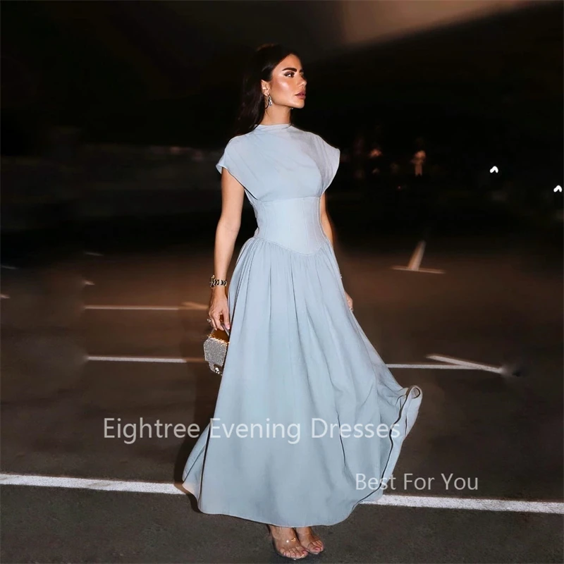 Eightree Elegant Dubai Evening Dresses O Neck Cap Sleeves Homecoming Prom Gowns Soft Satin Party Dresses Tea Length Abendkleider