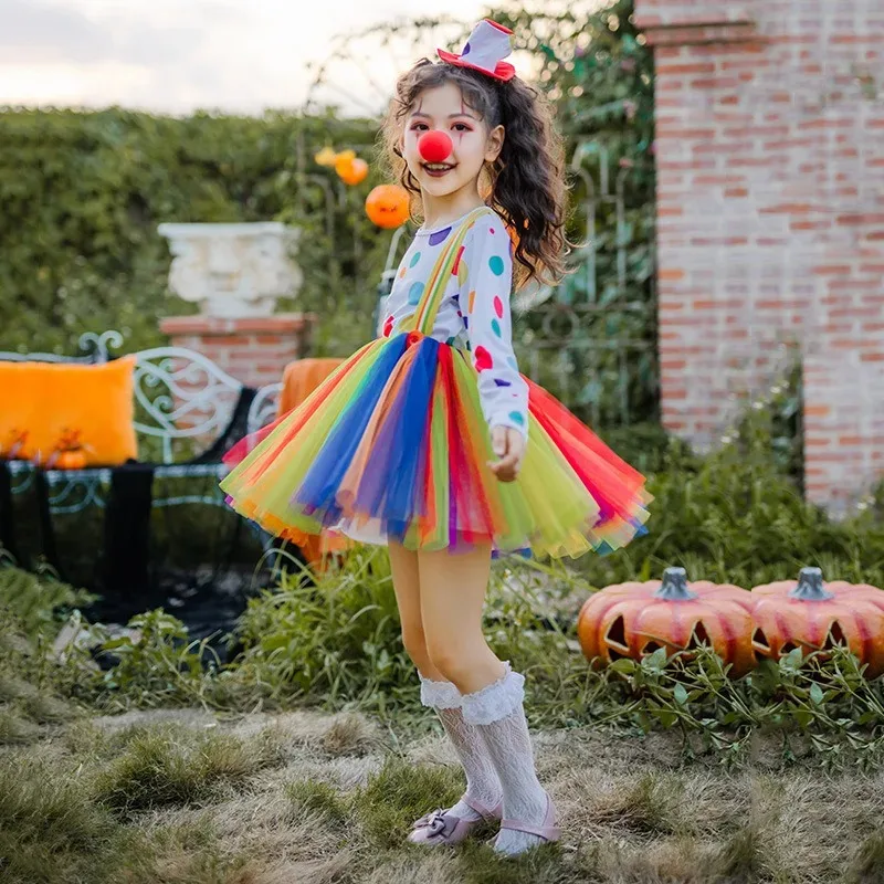 

New Halloween Carnival 's Joker Costume Performance Grid Stage Dance Rainbow Fluffy Dress Children's Clothing gh;0