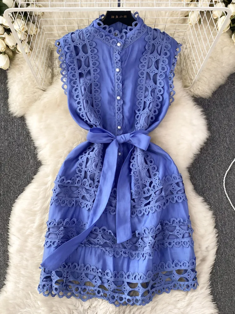 French Chic Summer Water Soluble Lace Embroidery Shirt Dress Women\'s Sleeveless Stand Collar Hollow Out Elegant Party Vestidos