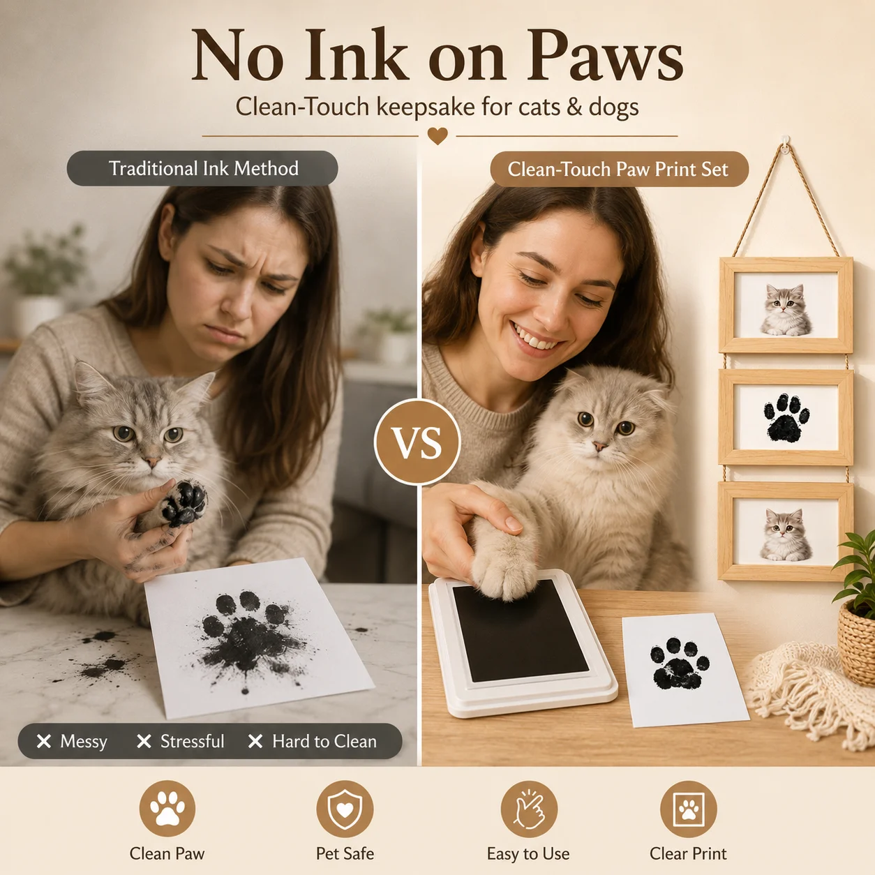 Clean Touch Pet Paw Print Hanging Frame Set, 3/4 Linked 4x6 Wood Photo Collage with Black Ink Pad and 5 Imprint Cards