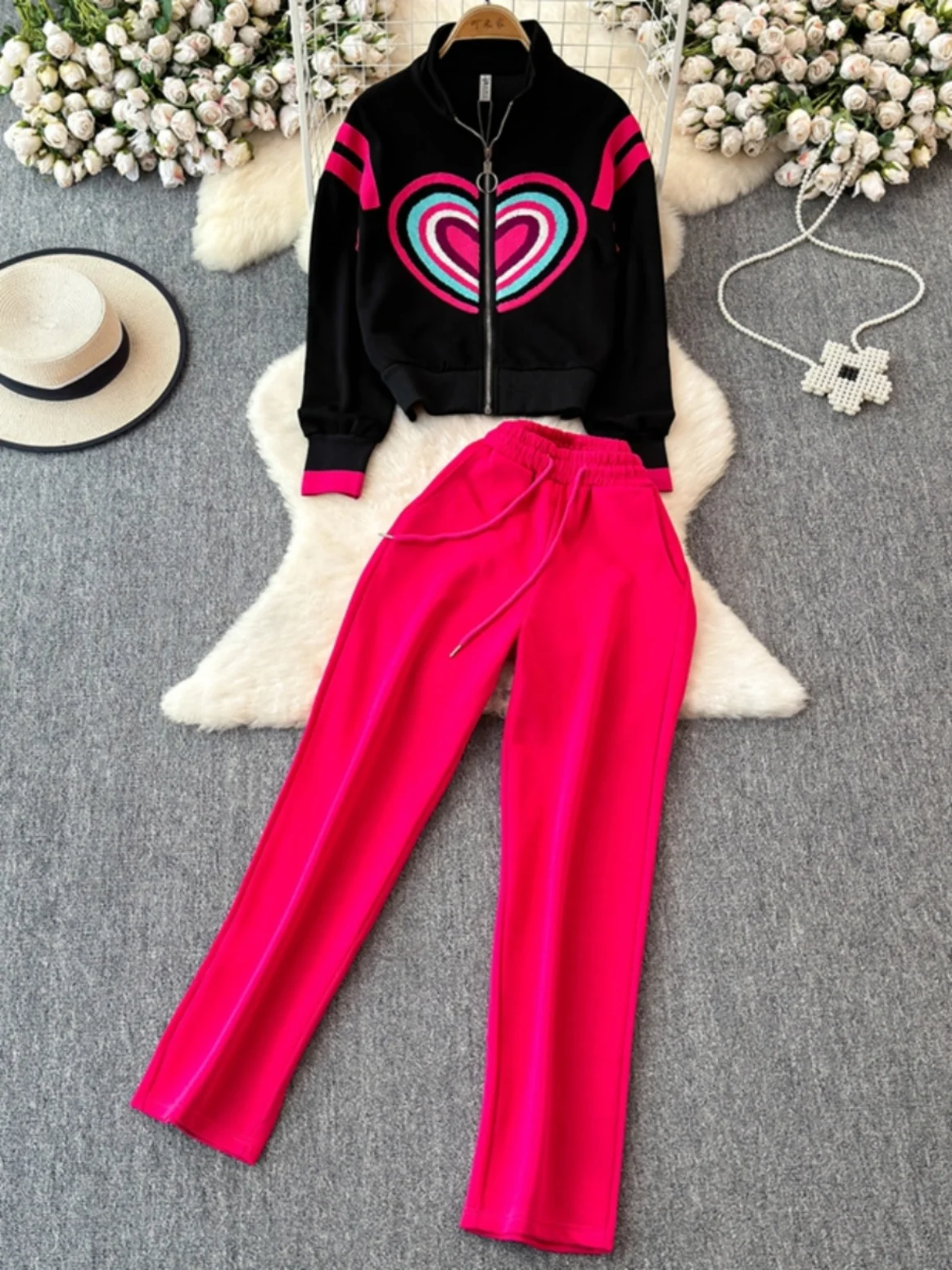 

Faionable Casual Sportswear Set Women's Straight Leg Pants Two-Piece Suit Autumn Winter Hoodie Zipper Closure Long Sve