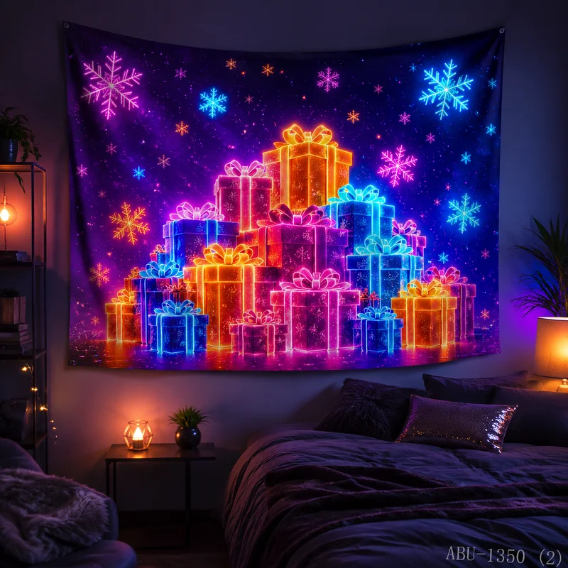 VIKAMA Rainbow Neon Gift Box Stack Starry Sky Ice Crystal Snow Christmas Tapestry Background Hanging Cloth Living Room Decor